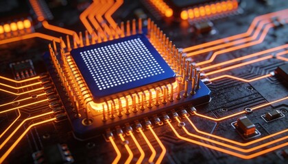 AI processor microchip animation video on illuminated circuit board, next generation semiconductor technology, high performance computing, digital innovation and modern electronics background