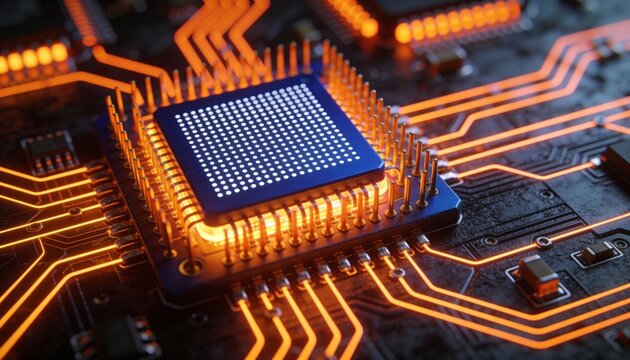 AI processor microchip animation video on illuminated circuit board, next generation semiconductor technology, high performance computing, digital innovation and modern electronics background