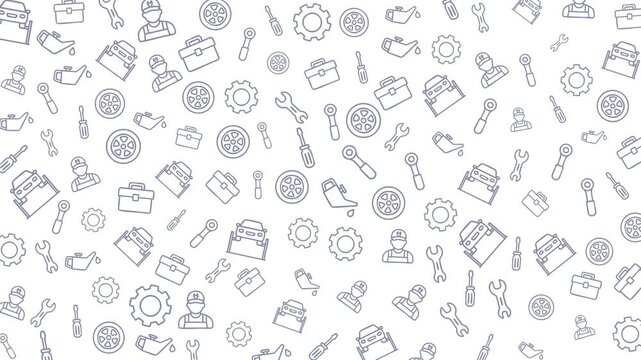 Pattern of mechanic tools and workers on white background. Suitable for automotive industry designs, workshop posters, and repair service advertisements.