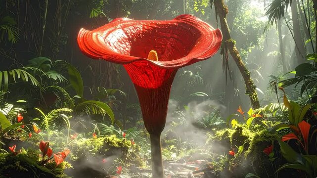 Giant red calla lily stands prominently amidst a lush, sun-drenched tropical rainforest environment.