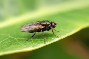 Obraz premium Close view of a green fly on a leaf in nature during daylight