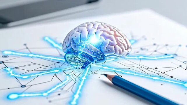 Human brain model with neural network connections, representing artificial intelligence and cognitive function.