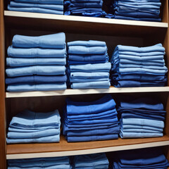 Stacked blue clothing neatly organized on wooden shelves in retail space