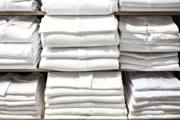 Neatly folded white shirts stacked on shelves in organized display