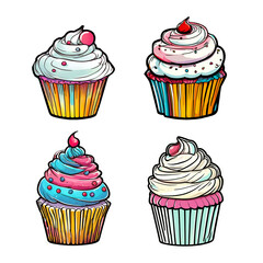 Colorful cupcake illustrations with decorative frosting and toppings