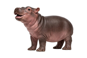 Fototapeta premium Cute baby hippopotamus standing in a full-body side view on a pure white background, showing smooth skin texture, natural folds, and expressive features under soft studio lighting. 