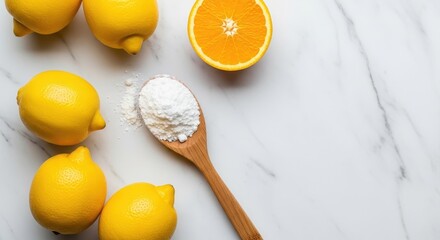 A wooden spoon holds white powder beside fresh lemons and an orange slice on a marble surface, highlighting natural ingredients for culinary use.