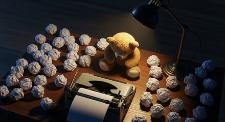 Writer's Block: A Teddy Bear's Creative Struggle with a Vintage Typewriter