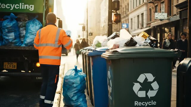 Worker collects recycling bins on city street with garbage truck. Man handles waste bins during recycling collection. Worker loads trash into recycling truck. City waste collection service.