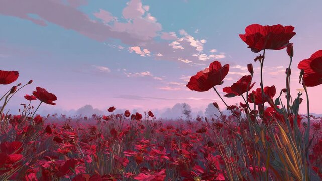 赤い花が一面に揺れる広大な花畑、夕暮れの風景