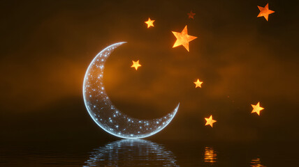 Magical glowing crescent moon with floating stars against dark sky