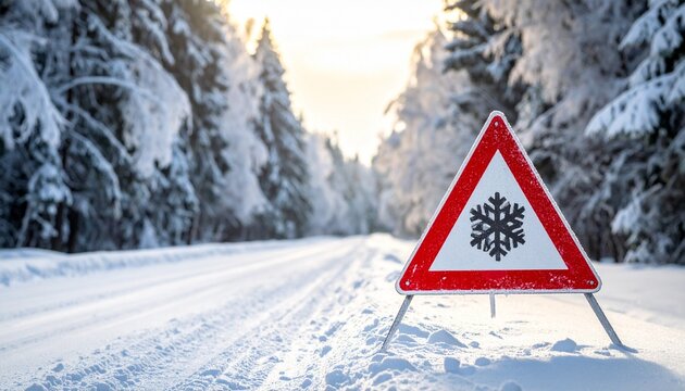 Snowflake warning sign on snowy forest road under soft winter light.