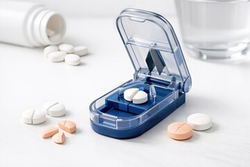 Medication organizer featuring divided pill compartments showcasing multi colored tablets captured with sleek minimalist design emphasizing efficiency and health management