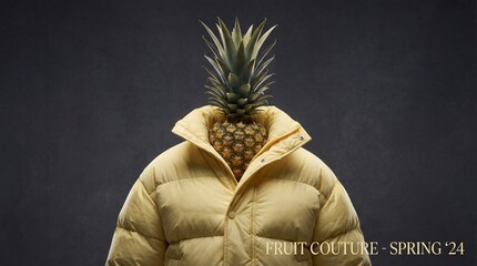Pineapple in stylish yellow puffer jacket on dark background