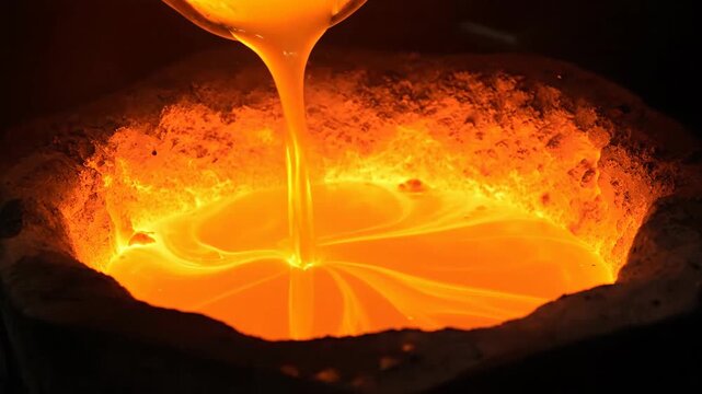 Molten gold liquid intensely pouring into a glowing hot crucible during a metal refining process