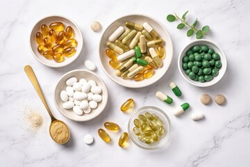Diverse array of dietary supplements displayed in ceramic bowls showcasing natural health trends harmonious with wellness lifestyle choices enhancing vitality and holistic wellbeing