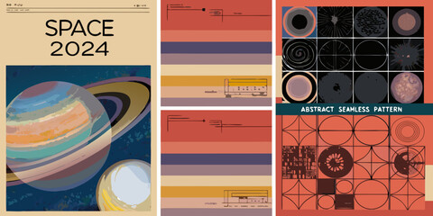 A vibrant collage featuring space themes geometric patterns and retro aesthetics © Ramanath