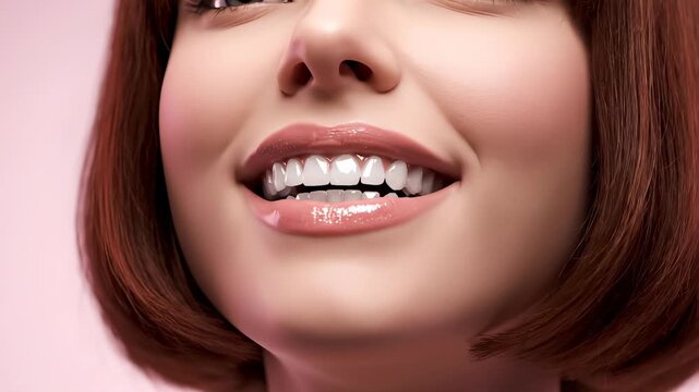 Digital woman shows animated face on pink studio. Female avatar with bob haircut rotates smoothly. 3D model displays digital beauty. Woman character shows virtual portrait. Digital animation.