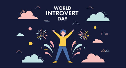 Celebrating World Introvert Day with a cartoon character jumping for joy among fireworks clouds and stars on a night blue background.