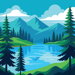 Beautiful landscape view of a serene pine forest with a lake view and tall evergreen trees.