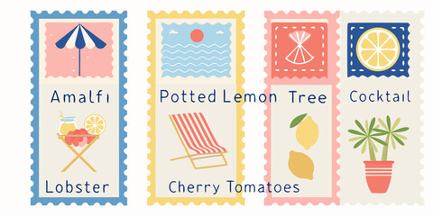 Colorful postcard style illustrations featuring summer themes and citrus fruits