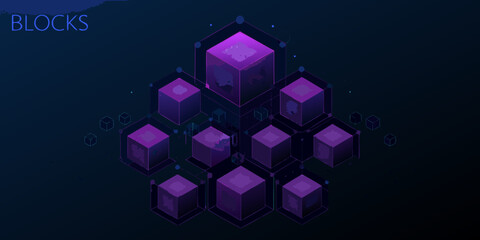 Abstract isometric composition of glowing purple blocks and technological elements