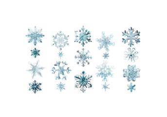 Snowflake ornament collection featuring various icy blue and white snowflake designs isolated on black background. Elegant winter and Christmas decorative 