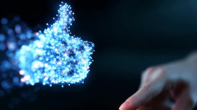 A digital representation of a hand reaching out to touch a glowing thumbs-up symbol, symbolizing approval, connection, and affirmation in an increasingly virtual world.