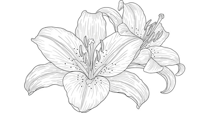Detailed black and white line drawing of two blooming lily flowers showing intricate petal textures and stamen details for coloring.