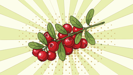 Branch of ripe red cranberries in pop art style with rays and halftone dots background for organic berry themes.
