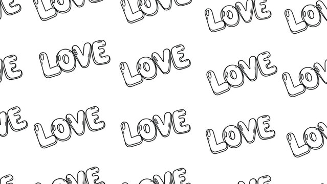 Black and white seamless pattern with the word love in bubble letters for romantic valentine and greeting themes.