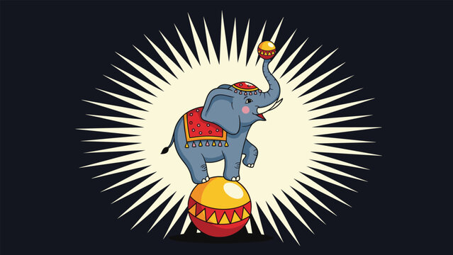 Circus elephant balancing on a decorated ball while holding another ball with its trunk on a bright ray background.