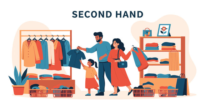 Diverse family with young daughter shopping for used clothes at second hand boutique or thrift shop for sustainable fashion.