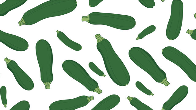 Seamless pattern with fresh green zucchinis of various sizes on white background for food and kitchen design.