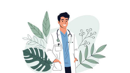 Professional illustration of a friendly young male doctor in a white coat and stethoscope standing against a botanical background.