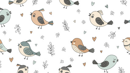 Whimsical seamless pattern of small hand drawn birds with hearts and twigs on a white background for nursery decoration.