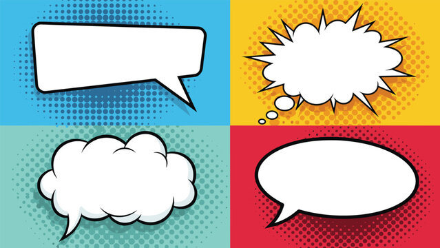 Collection of four different blank comic book style speech bubbles on colorful halftone backgrounds for text.