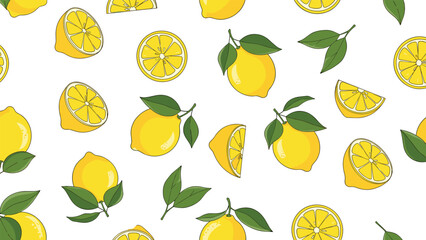 Vibrant seamless pattern of whole lemons lemon halves and slices with green leaves on clean white background for design.