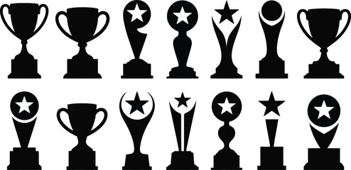 Extensive set of black trophy silhouettes signifying victory honor and championship awards