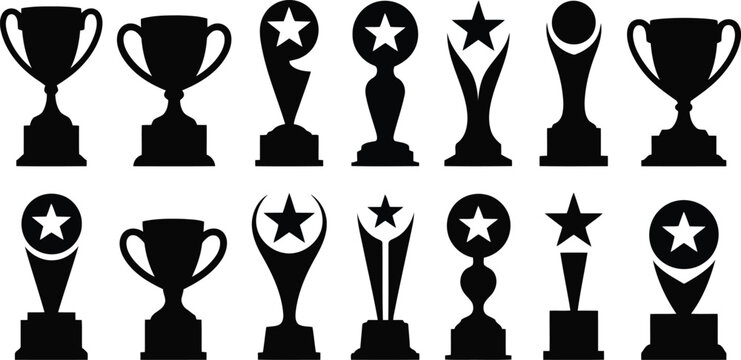 Extensive set of black trophy silhouettes signifying victory honor and championship awards