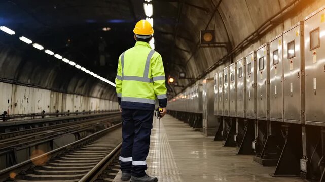 Railway worker inspects subway train in underground tunnel. Engineer checks metro near track with safety helmet. Worker in tunnel inspects train. Metro engineer with safety vest checks railway.