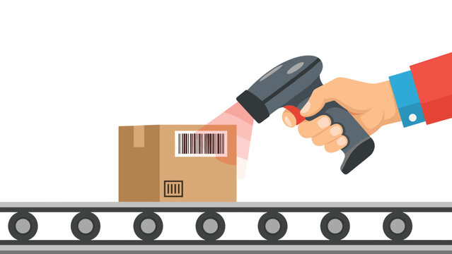 A human hand holds a barcode scanner, illuminating and reading a barcode on a cardboard box moving along a conveyor belt, illustrating logistics.