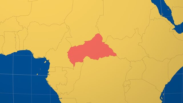 Central African Republic on Globe. Animated zoom into the country in Ocean Blue Golden Yellow color palette. Central African Republic logo animation. Map with meridians, parallels. Creative video.