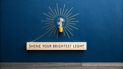 Lit lightbulb with inspirational message on dark blue wall