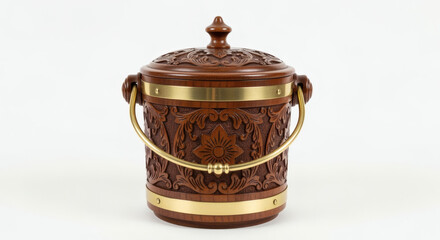 A decorative wooden ice bucket with ornate carvings and brass accents, including a handle and lid