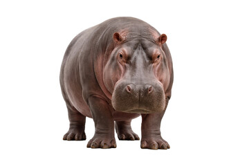 Obraz premium adult hippopotamus standing facing forward on a pure white background, showing natural skin texture, strong body shape, and clean cut-out appearance suitable for wildlife and educational use.