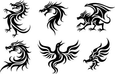 Mythical Winged Dragon & Phoenix Silhouette Tattoo Design Set