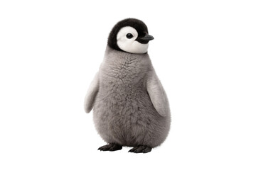 Cute baby penguin chick standing upright on a clean white background, showing soft fluffy grey feathers, natural black-and-white facial pattern, and full-body wildlife pose with gentle studio lighting © MJ iceberg