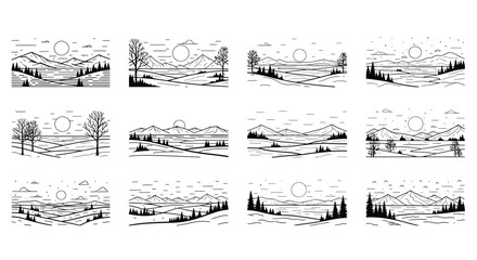 Series of line art landscape illustrations © Nur