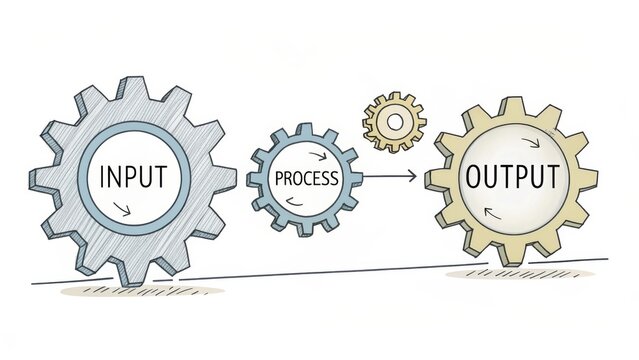 Gear mechanisms representing input, process, and output in action